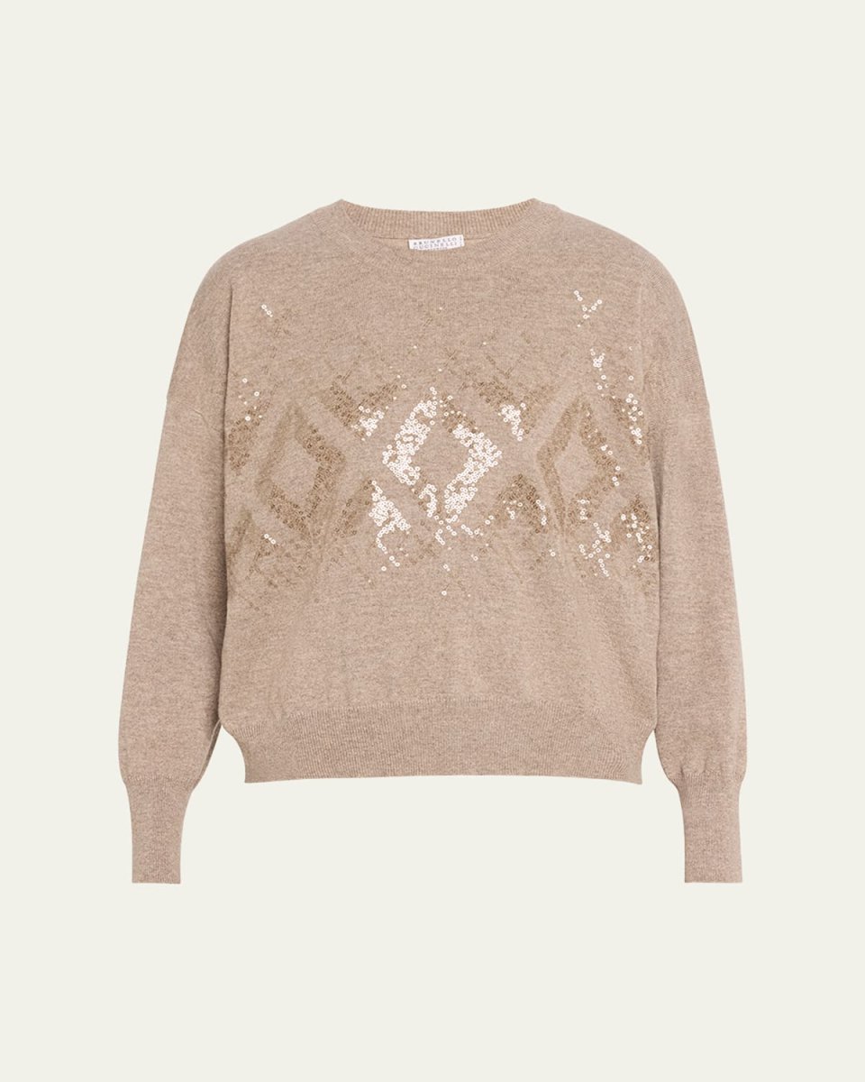 Two-Tone Cashmere Crewneck with Mountain Mosaic Sequins